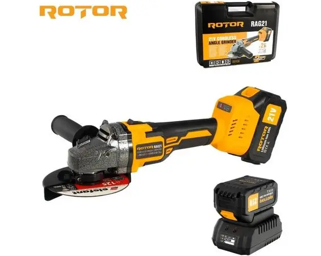 Polizor unghiular pe acumulator Rotor RAG21 21 V, 3 Ah,820 W, 8500 Rpm (Galben/Negru)