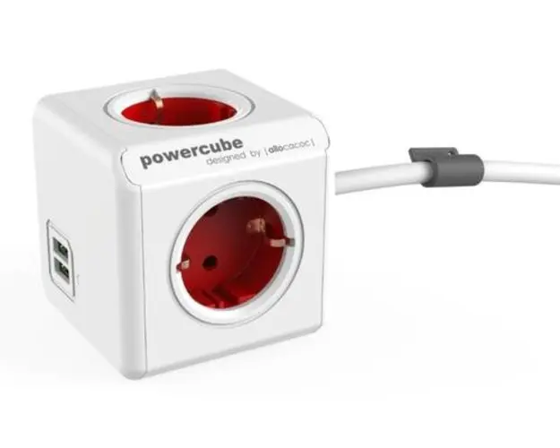 Prelungitor Allocacoc PowerCube 1402RD Extended USB, 4 x Priza, 2 x USB (Alb/Rosu)