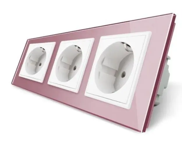 Priza tripla Livolo cu rama din sticla, 16 A (Roz)