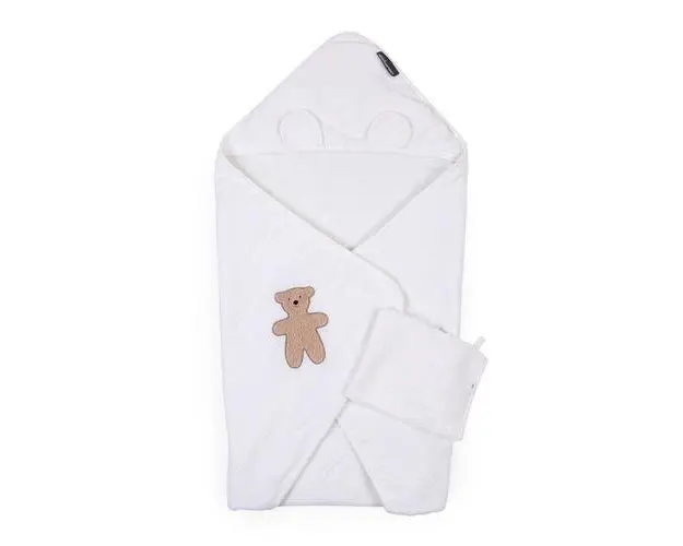 Prosop cu gluga si manusa de baie Childhome 80x80 cm, Muselina/Terry Teddy