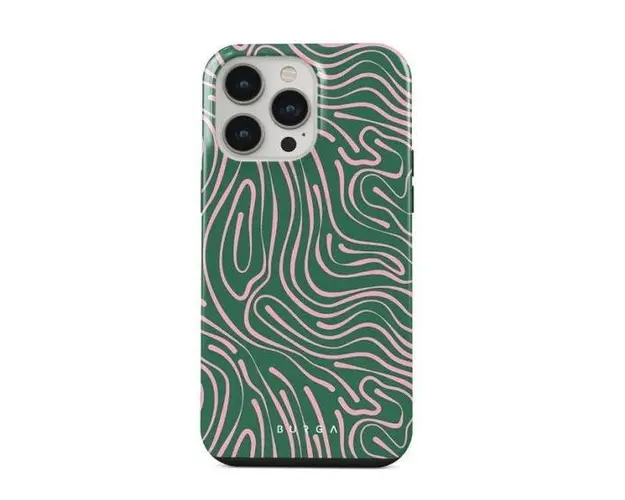 Protectie spate Burga Dual Layer Hawaiian Breeze pentru Apple iPhone 14 Pro Max (Verde/Roz)