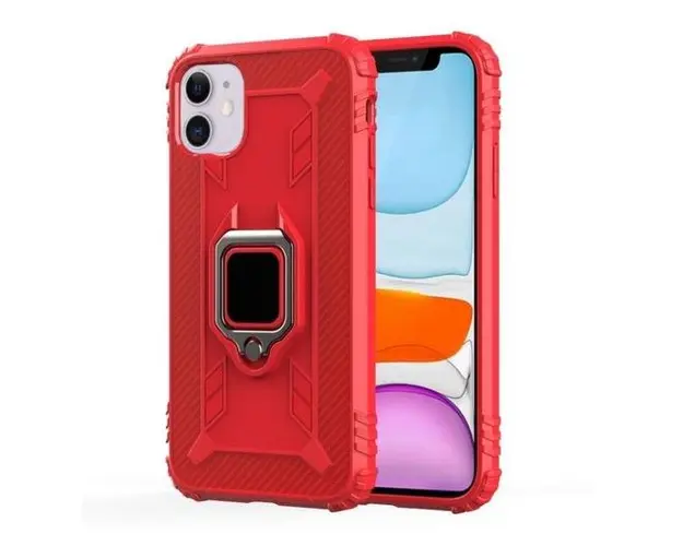 Protectie Spate Lemontti Carbon Fiber Rotating Ring Holder EDA00588602D pentru Apple iPhone 12 Mini (Rosu)