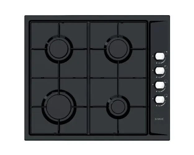 Plita incorporabila Samus PSG-64SB, 7000 W, 4 Arzatoare pe gaz, Gratare metalice, Aprindere electrica (Negru)