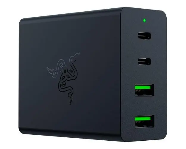 Incarcator retea Razer GaN Charger, 130 W, 4 porturi USB, 2x USB-A, 2x USB Type-C, Adaptori UK si EU inclusi, Compatibil Laptop/Telefon/Smartwatch/Tablete (Negru)