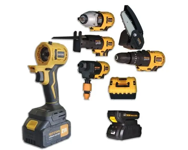 Kit 5 scule cu acumulator Rotor JFCT001, Mandrila infiletare, Mandrila pistol pneumatic, Mandrila tip sabie cu lama, Mandrila tip fierastrau cu lant, Cap de insurubat pneumatic