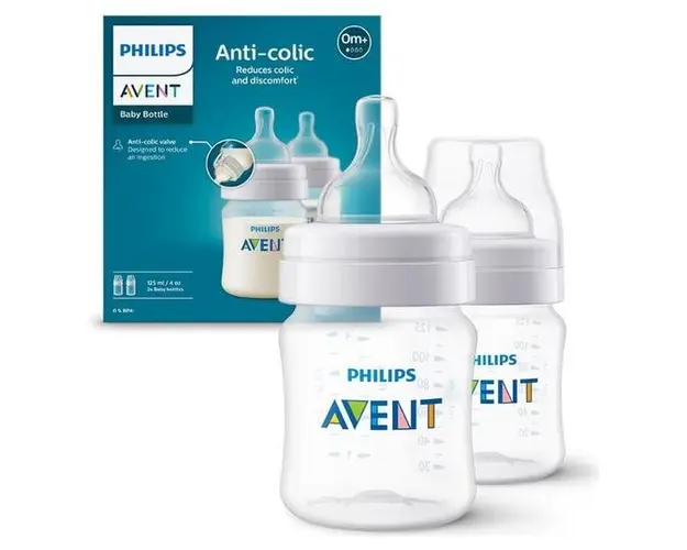 Set 2 biberoane anti-colici Philips Avent SCY100/02, 125 ml, +0 luni, 2 buc, Fara BPA (Alb/Transparent)