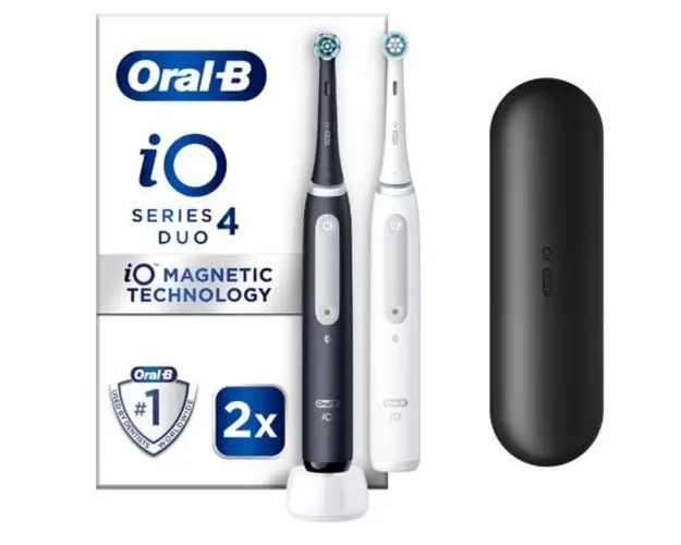Set 2 x Periuta de dinti electrica Oral-B iO4 cu Tehnologie Magnetica si Micro-Vibratii, Senzor de presiune Smart, 4 moduri, 2 capete, Trusa de calatorie (Alb/Negru)