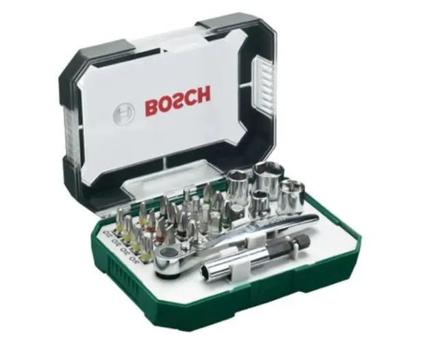 Set 26 accesorii Bosch, biti, suport universal, 4 chei tubulare, adaptor chei tubulare, cheie clichet