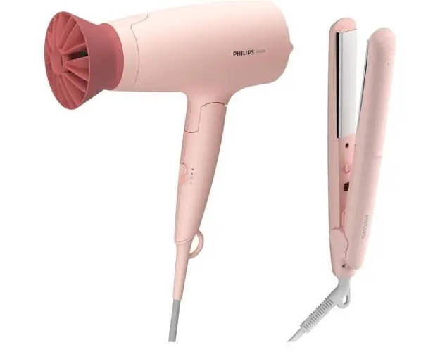 Set de coafat Philips BHP398/00, 1600W, accesoriu Thermo Protect, 3 setari de viteza/temperatura, cap de coafare 14 mm, placi cu infuzie de cheratina (Roz)