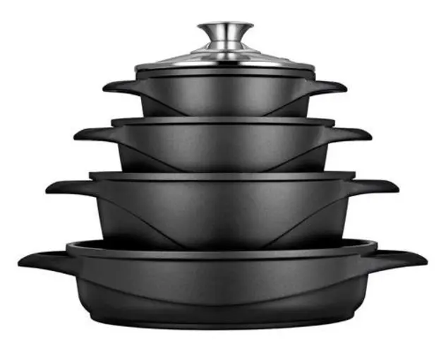Set de gatit cu 8 piese, Aluminiu, Capace din sticla temperata, Fara PFOA (Negru)