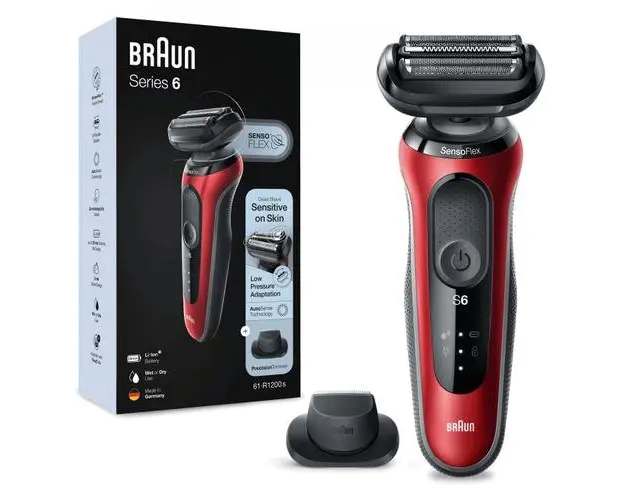 Aparat de ras electric Braun Series 6 61-R1200s, Autonomie 50 minute, 3 lame (Rosu/Negru)