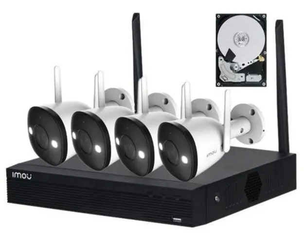 Sistem supraveghere IP WiFi exterior IMOU KIT/NVR1104HS-W-S2/4-F22FE, 4 camere, 2 MP, IR 30 m, microfon, + HDD 1 TB (Alb)