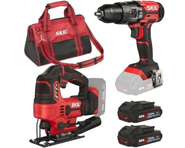 Skil 3305 EA - Set masina de gaurit si insurubat + Fierastrau pendular + 2 x Acumulatori, Li-Ion, 18 V, 2 Ah + Incarcator acumulatori Li-Ion, 20 V + Geanta textila