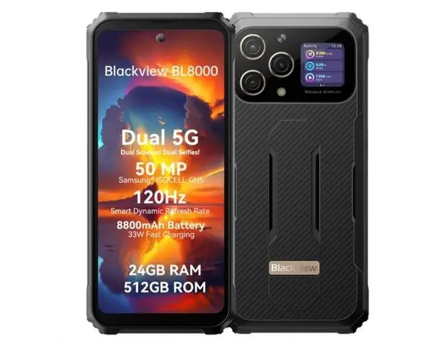 Telefon Mobil Blackview BL8000, Procesor Mediatek Dimensity 7050, IPS LCD Capacitive touchscreen 6.78inch, 12GB RAM, 512GB Flash, Camera Tripla 50+8+2MP, Wi-Fi, 5G, Dual Sim, Android (Negru/Auriu)