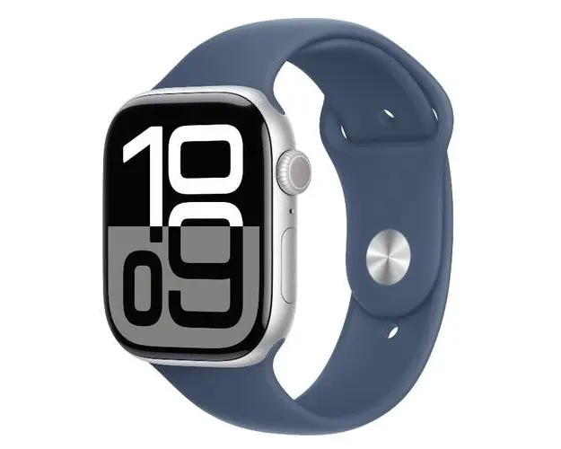 Smartwatch Apple Watch 10 GPS, Carcasa Silver Aluminium 46mm, ecran LTPO OLED, 64GB, curea silicon Denim Sport Band M/L (Argintiu/Albastru)