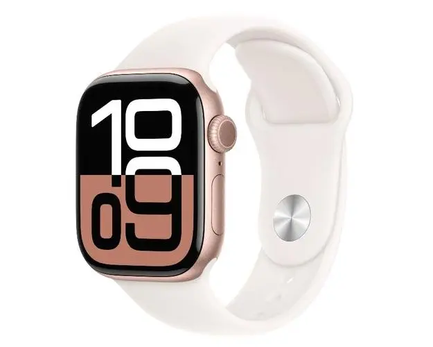 Smartwatch Apple Watch 10 GPS, Carcasa Rose Gold Aluminium 42mm, ecran LTPO OLED, 64GB, curea silicon Light Blush Sport Band S/M (Auriu)