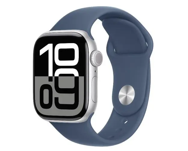 Smartwatch Apple Watch 10 GPS, Carcasa Silver Aluminium 42mm, ecran LTPO OLED, 64GB, curea silicon Denim Sport Band S/M (Argintiu/Albastru)