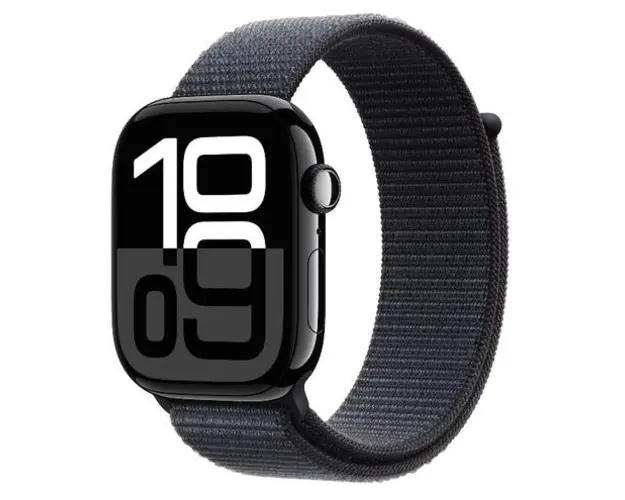 Smartwatch Apple Watch 10 GPS, Carcasa Jet Black Aluminium 46mm, ecran LTPO OLED, 64GB, curea Ink Sport Loop (Negru)