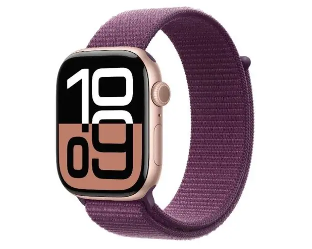 Smartwatch Apple Watch 10 GPS, Carcasa Rose Gold Aluminium 46mm, ecran LTPO OLED, 64GB, curea Plum Sport Loop (Roz/Visiniu)