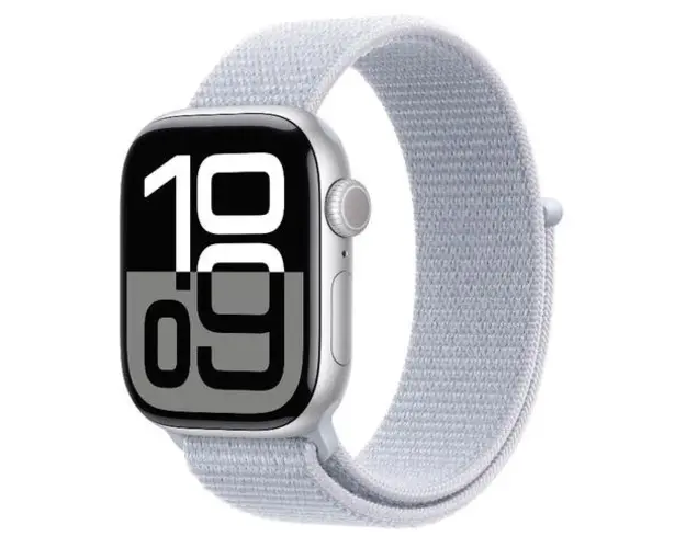 Smartwatch Apple Watch 10 GPS, Carcasa Silver Aluminium 42mm, ecran LTPO OLED, 64GB, curea Blue Cloud Sport Loop (Argintiu/Albastru)