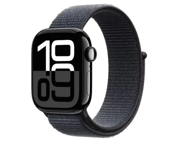 Smartwatch Apple Watch 10 GPS, Carcasa Jet Black Aluminium 42mm, ecran LTPO OLED, 64GB, curea Ink Sport Loop (Negru)