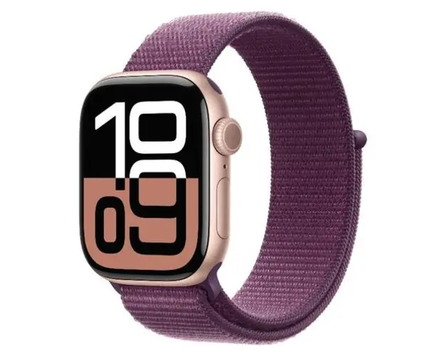 Smartwatch Apple Watch 10 GPS Cellular, Carcasa Rose Gold Aluminium 42mm, ecran LTPO OLED, 64GB, curea textil Plum Sport Loop (Roz/Visiniu)