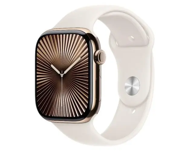 Smartwatch Apple Watch 10 GPS Cellular, Carcasa Gold Titanium 46mm, ecran LTPO OLED, 64GB, curea silicon Starlight Sport Band - M/L (Auriu)