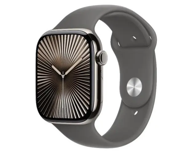 Smartwatch Apple Watch 10 GPS Cellular, Carcasa Natural Titanium 46mm, ecran LTPO OLED, 64GB, curea silicon Stone Grey Sport Band - M/L (Gri)