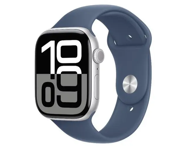 Smartwatch Apple Watch 10 GPS Cellular, Carcasa Silver Aluminium 46mm, ecran LTPO OLED, 64GB, curea silicon Denim Sport Band - M/L (Argintiu/Albastru)