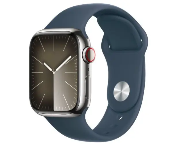 Smartwatch Apple Watch 9 GPS + Cellular, 41mm Silver Stainless Steel Case, Storm Blue Sport Band - S/M