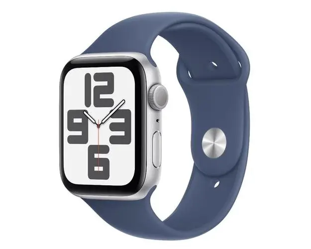 Smartwatch Apple Watch SE (2024), GPS, Carcasa Silver Aluminium 44mm, ecran LTPO OLED, 32GB, curea silicon Denim Sport Band - S/M (Argintiu/Albastru)