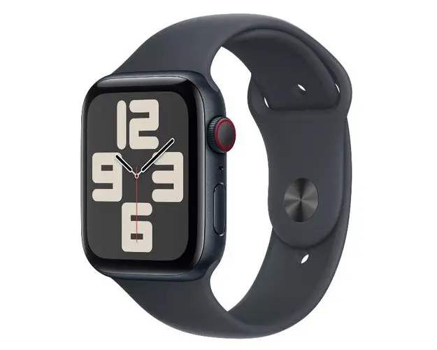 Smartwatch Apple Watch SE (2024), GPS, Cellular, Carcasa Midnight Aluminium 44mm, ecran LTPO OLED, 32GB, curea silicon Midnight Sport Band M/L (Negru/Albastru)