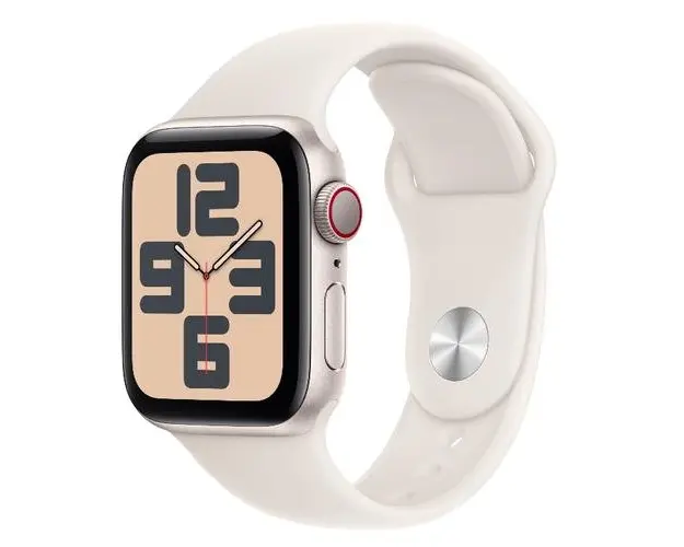 Smartwatch Apple Watch SE (2024), GPS, Cellular, Carcasa Starlight Aluminium 40mm, ecran LTPO OLED, 32GB, curea silicon Starlight Sport Band S/M (Auriu)