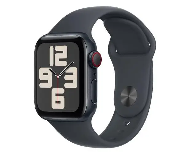 Smartwatch Apple Watch SE (2024), GPS, Cellular, Carcasa Midnight Aluminium 40mm, ecran LTPO OLED, 32GB, curea silicon Midnight Sport Band S/M (Negru/Albastru)