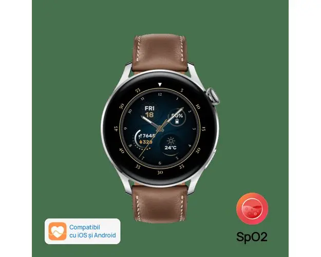 Smartwatch Huawei Watch 3, Display AMOLED HD 1.43inch, 2GB RAM, 16GB Flash, Bluetooth, NFC, GPS, Wi-Fi, 4G, Carcasa Otel, Rezistent la apa 5 ATM, Andorid/iOS (Maro)