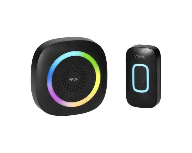 Sonerie wireless Virone Pela AC DB-7/B, pentru usa sau poarta, exterior, alimentare la retea, iluminare RGB, transmitator rezistent la apa IP44, distanta de functionare 300 m, 60 melodii disponibile, IP44, kit montaj perete, 1 receptor, Negru