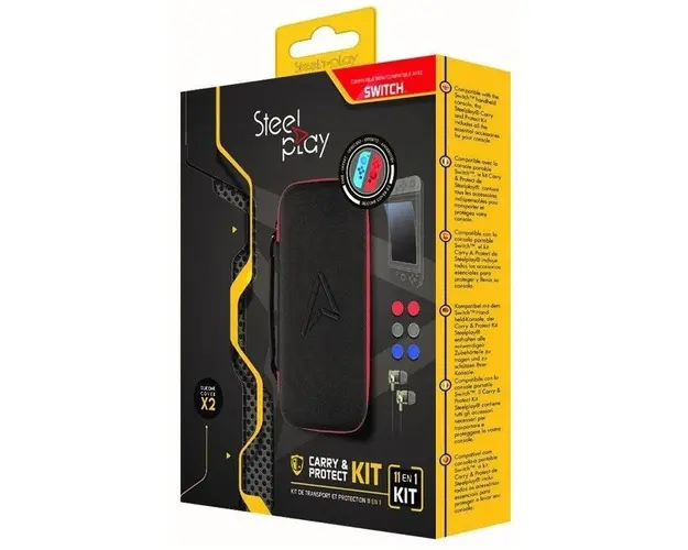 Kit protectie Steel Play 11-in-1, Husa cu maner, 6x thumbstick din silicon, 1x protectie ecran, 1x aplicator, 1x material textil pentru curatat, Pentru Nintendo Switch