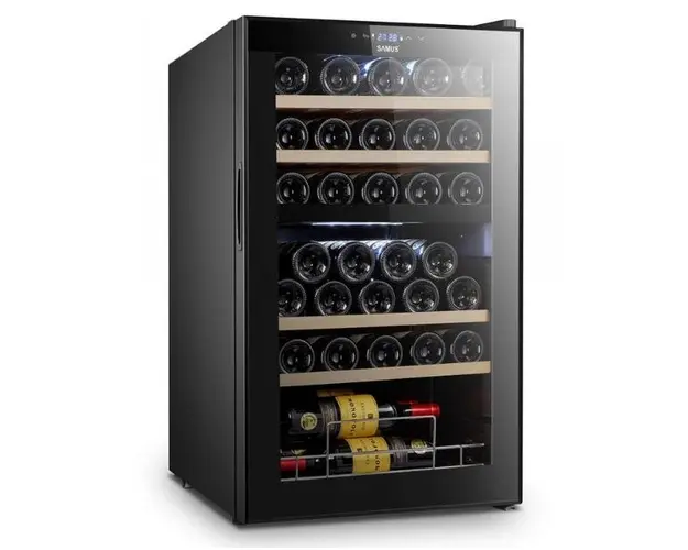 Vitrina pentru vinuri Samus SRV98LMCD (33), 2 Zone de racire, 88 L, Afisaj Electronic, Rafturi lemn (Negru)