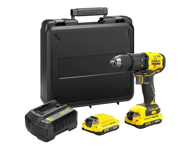 Masina de gaurit si insurubat Stanley SFMCD710D2K-QW, 60 Nm, 18 V, 2.0 Ah, 2 acumulatori Li-ion, incarcator, valiza (Galben/Negru)