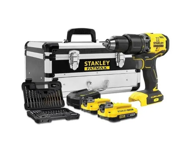 Set masina de gaurit si insurubat cu percutie Stanley SFMCD715D2F-QW, 1900 rpm, 60 Nm, 2 acumulatori li-ion, 18 V, 2.0 Ah, incarcator, valiza metalica, trusa 50 accesorii (Galben/Negru)