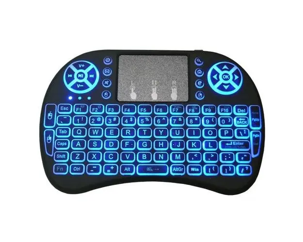 Telecomanda wireless QWERTY cu mini tastatura STAR i8, 2.4G, Iluminare LED 7 culori, Air mouse, Touch pad, Negru