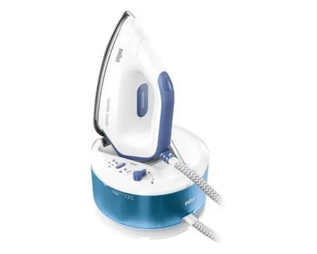 Statie de calcat Braun CareStyle Compact IS2143BL, 2400W, 6 bari, abur variabil 125g/min, jet de abur 420g/min, rezervor 1.5L, talpa EloxalPlus (Alb/Albastru)