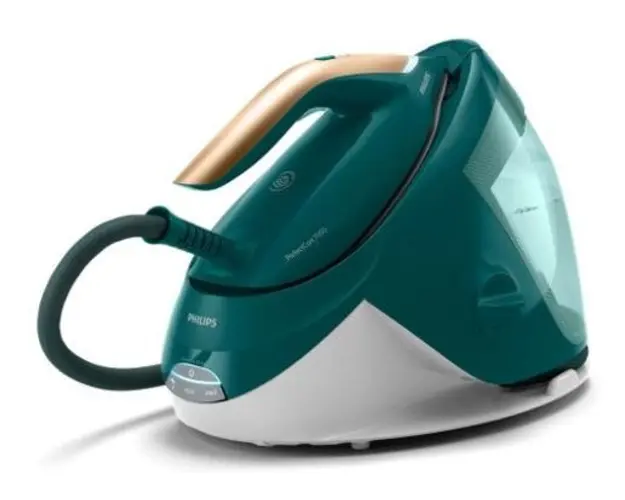Statie de calcat Philips seria Perfect Care PSG7140/70, Tehnologie DynamiQ si Optimal Temp, Presiune maxima 8 bari, 2100 W, Jet de abur 120g/min, Functie Easy De-calc plus, Talpa fier SteamGlide Elite, Rezervor de apa 1.8L detasabil (Alb/Verde)