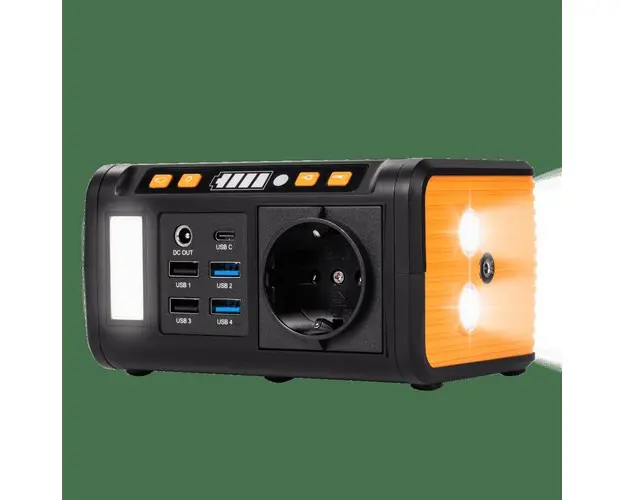 Statie incarcare mini Technaxx TX-205, 74 Wh, 80 W, USB-C, USB-A, QC 3.0, 1x230 V, Lanterna, Priza auto, Incarcare DC/solara (optional) (Negru/Portocaliu)