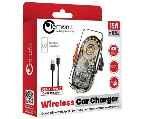 Suport Auto cu incarcare Wireless Lemontti LEMSAW15WTN, 15W, deschidere automata prin senzor infrarosu, prindere la ventilatie, cablu Type-C inclus, Transparent/Negru
