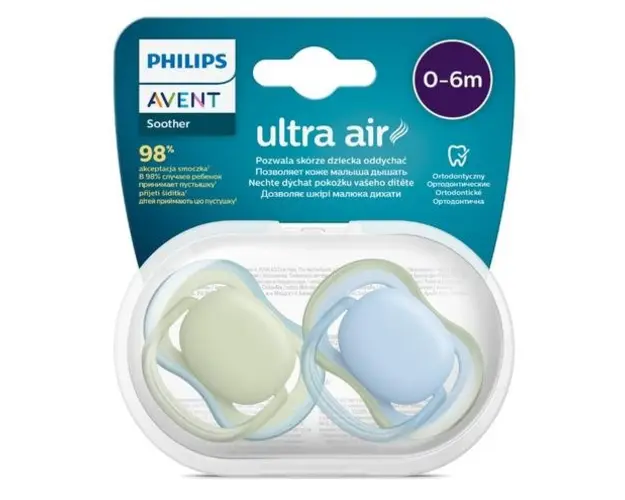 Set 2 suzete Philips-Avent SCF085/21, Ultra air pacifier 0-6 luni, Ortodontice, fara BPA (Bej/Albastru)
