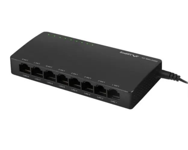 Switch Gigabit Lanberg 42417, cu 8 porturi Gigabit Ethernet RJ-45 10/100/1000 Mbps, 12V, racire pasiva, negru