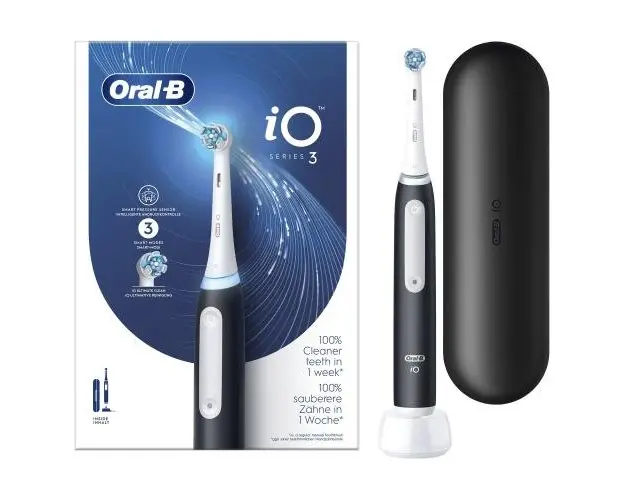 Periuta de dinti electrica Oral-B iO3, 3 moduri periaj, Senzor presiune smart, 1 capat inclus, Husa calatorie (Negru)