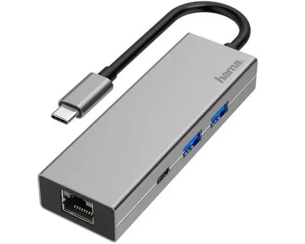 Hub USB Hama 200108, 4 porturi, 2 x USB-A, USB-C, LAN/Ethernet (Gri)