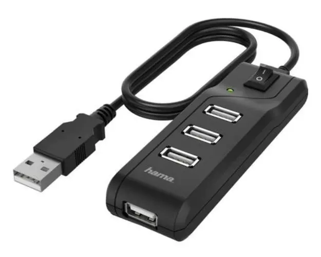 Hub USB Hama 200118, 4 x USB 2.0, 480 Mbit/s, comutator pornit/oprit (Negru)